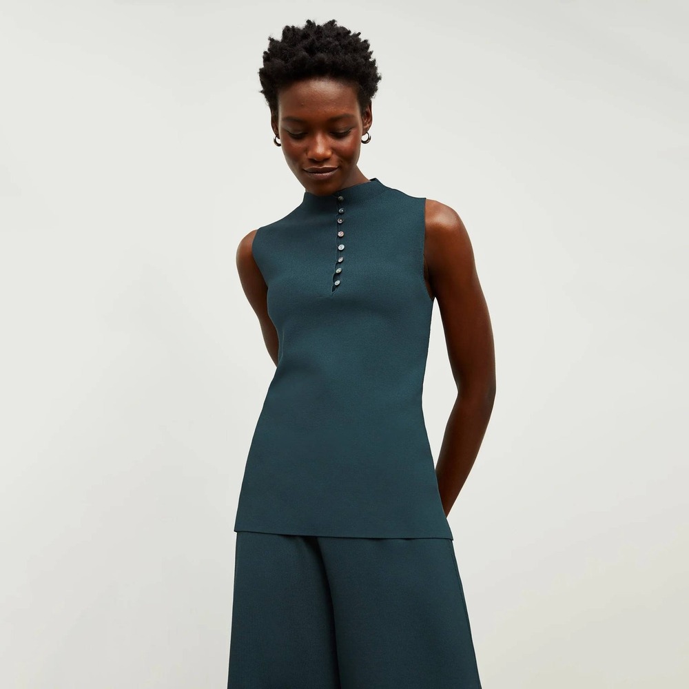 MM LaFleur Sleeveless Mock Neck Button Knit Top Spruce Green Small